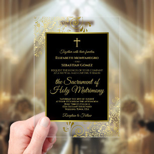 Invitaciones Acrílicas Elegante Boda Católica Ornamentada en Negro y Dora