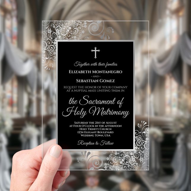 Invitaciones Acrílicas Elegante Boda Católica Ornamentada en Negro y Plat (Clear Acrylic with Rectangle Cut)