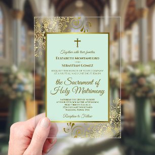 Invitaciones Acrílicas Elegante Boda Católica Ornamentada en Verde Menta 