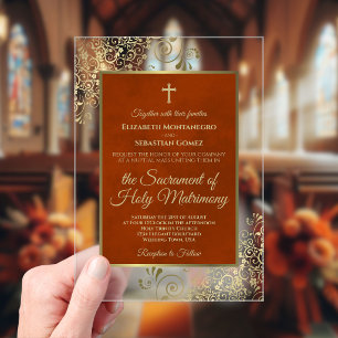 Invitaciones Acrílicas Elegante Boda Católica Ornata de Naranja y Dorado 