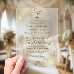 Invitaciones Acrílicas Elegante Boda católico moderno con rizos de oro