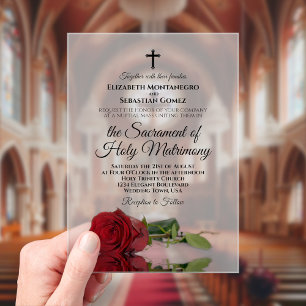 Invitaciones Acrílicas Elegante Boda Católico Moderno Rosa Rojo