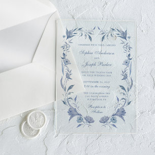 Invitaciones Acrílicas Elegante Boda Chinoiserie Azul Polvoriento