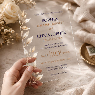 Invitaciones Acrílicas Elegante Boda con Borde Botánico en Azul Marino