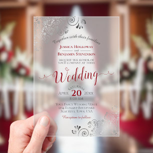 Invitaciones Acrílicas Elegante Boda con Caligrafía Roja y Plata Afiligra