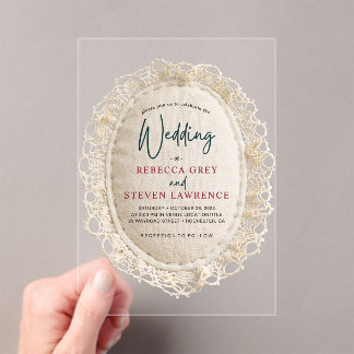 Invitaciones Acrílicas Elegante boda con marco de encaje falso