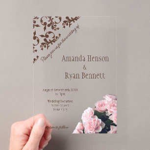 Invitaciones Acrílicas Elegante Boda con Patrón Roccoco de Rosa Rosa
