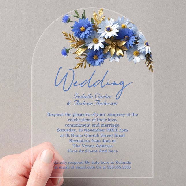 Invitaciones Acrílicas Elegante Boda Cornflower Azul Oro Blanco (Subido por el creador)