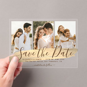 Invitaciones Acrílicas Elegante Boda de 3 Fotos Ahorra la Fecha en Oro
