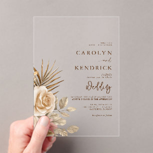Invitaciones Acrílicas Elegante Boda de Acentos Florales Neutrales Boho