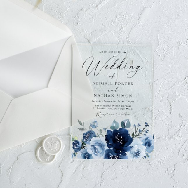 Invitaciones Acrílicas Elegante Boda de acuarela azul y polvoriento (Subido por el creador)