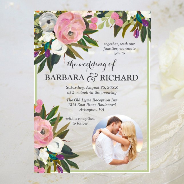 Invitaciones Acrílicas Elegante Boda de acuarela floral de foto rosa (Subido por el creador)