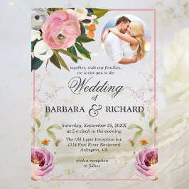 Invitaciones Acrílicas Elegante Boda de acuarela floral de foto rosa