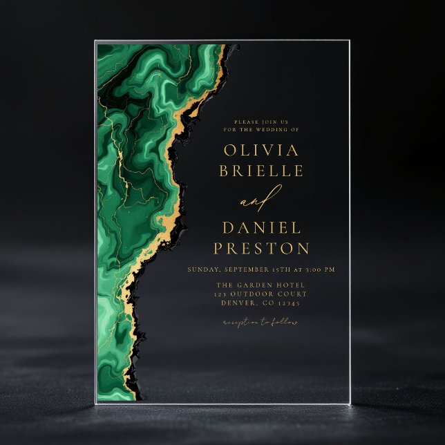 Invitaciones Acrílicas Elegante Boda de Agate de Oro Verde Esmeralda (Subido por el creador)