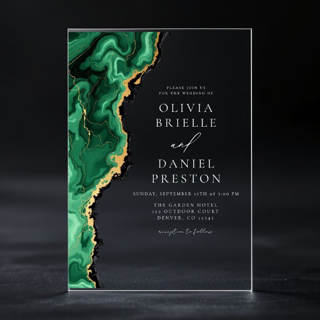 Invitaciones Acrílicas Elegante Boda de Agate de Oro Verde Esmeralda (Subido por el creador)