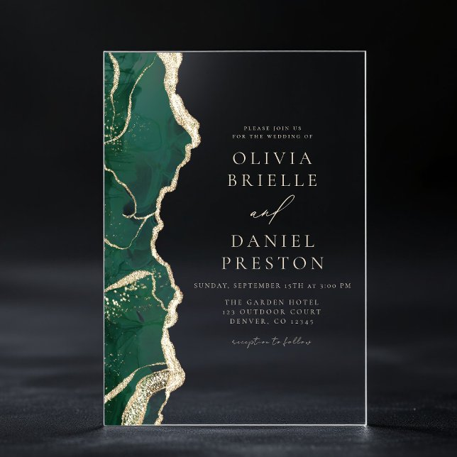 Invitaciones Acrílicas Elegante Boda de Agate de Oro Verde Esmeralda (Subido por el creador)