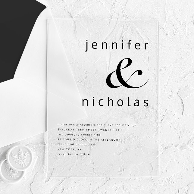 Invitaciones Acrílicas Elegante Boda De Ampersand Negro Y Blanco (Elegant Black And White Ampersand Wedding Acrylic Invitations)