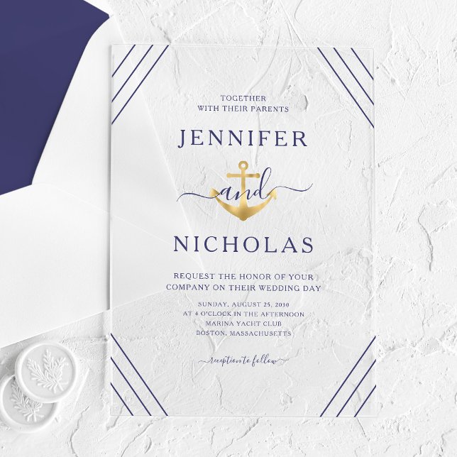 Invitaciones Acrílicas Elegante Boda de Ancla Náutica (Elegant Nautical Anchor Wedding Acrylic Invitations)