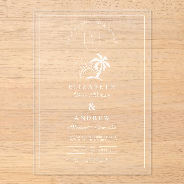 Invitaciones Acrílicas Elegante Boda de árbol de palma dibujado a mano (Anverso)