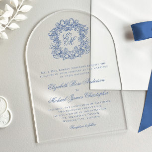 Invitaciones Acrílicas Elegante Boda de Arco Escudo de Monograma Azul Vin