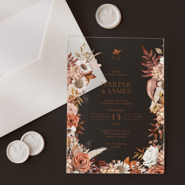 Invitaciones Acrílicas Elegante Boda de armazón floral de otoño (Elegant Vintage Autumn Floral Frame Wedding Acrylic Invitations)
