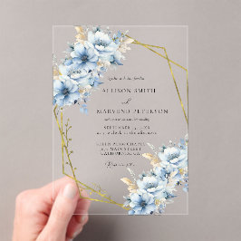 Invitaciones Acrílicas Elegante Boda de armazón geométrico floral azul