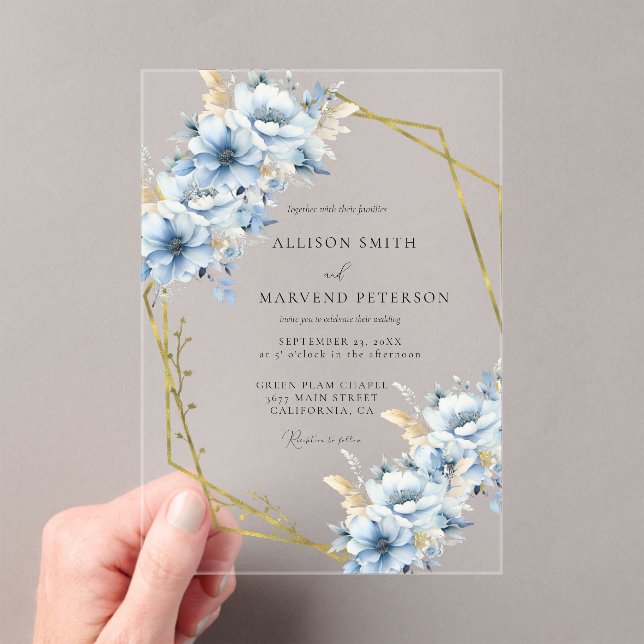 Invitaciones Acrílicas Elegante Boda de armazón geométrico floral azul (Insitu (portátil))