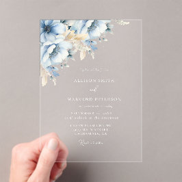 Invitaciones Acrílicas Elegante Boda de armazón geométrico floral azul