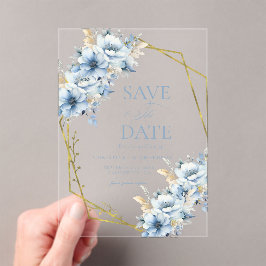 Invitaciones Acrílicas Elegante Boda de armazón geométrico floral azul