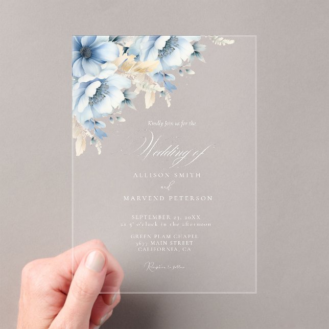 Invitaciones Acrílicas Elegante Boda de armazón geométrico floral azul (Insitu (portátil))