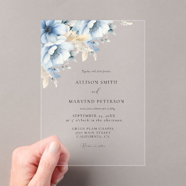 Invitaciones Acrílicas Elegante Boda de armazón geométrico floral azul (Insitu (portátil))