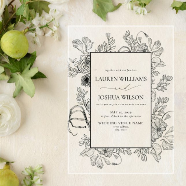 Invitaciones Acrílicas Elegante Boda de arte de la línea floral blanca bl (Subido por el creador)