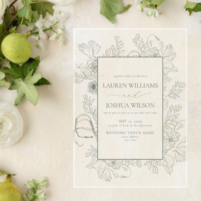 Invitaciones Acrílicas Elegante Boda de Arte de la Línea Verde Floral Sag (Subido por el creador)