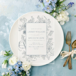 Invitaciones Acrílicas Elegante Boda de Arte de Línea Floral Azul Polvori
