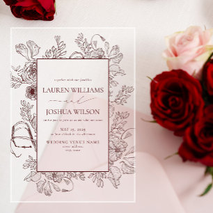 Invitaciones Acrílicas Elegante Boda de Arte de Línea Floral Burgundy