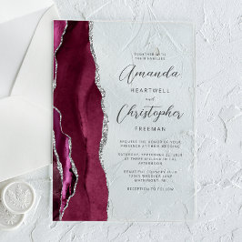 Invitaciones Acrílicas Elegante Boda de Burgundy Plata Agata Escritura
