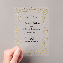 Invitaciones Acrílicas Elegante boda de caligrafía con marco de oro falso