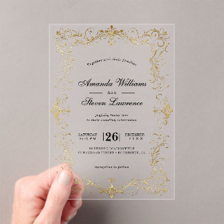 Invitaciones Acrílicas Elegante boda de caligrafía con marco de oro falso
