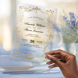 Invitaciones Acrílicas Elegante Boda de Caligrafía con Marco de Oro Falso