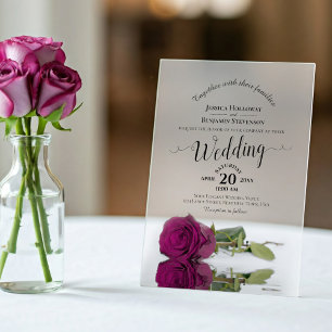 Invitaciones Acrílicas Elegante Boda de caligrafía de ciruela magenta Ros