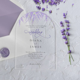 Invitaciones Acrílicas Elegante Boda de caligrafía de lavanda floral