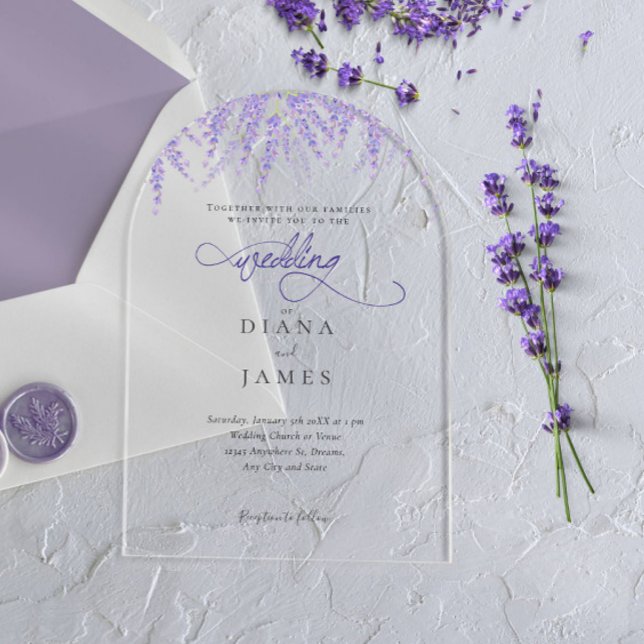 Invitaciones Acrílicas Elegante Boda de caligrafía de lavanda floral (Subido por el creador)