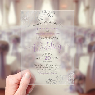 Invitaciones Acrílicas Elegante boda de caligrafía de lavanda y plata