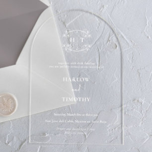Invitaciones Acrílicas Elegante Boda de caligrafía de monograma blanco