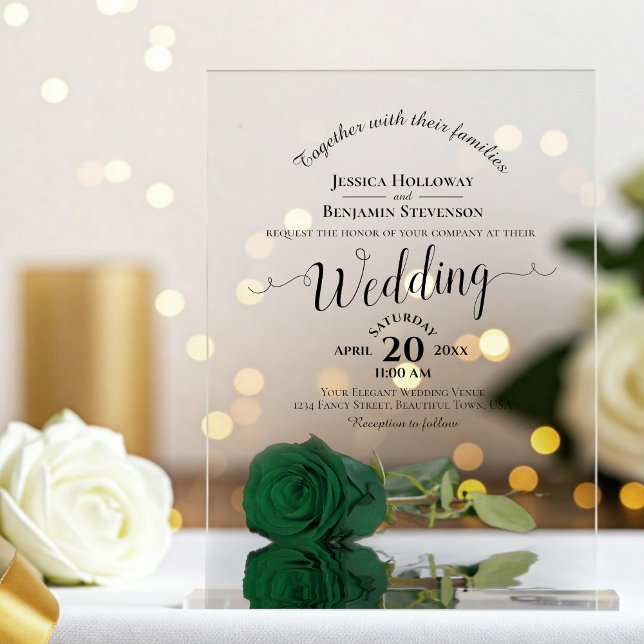 Invitaciones Acrílicas Elegante Boda de caligrafía de Rosa verde esmerald (Clear with Rectangle Cut)