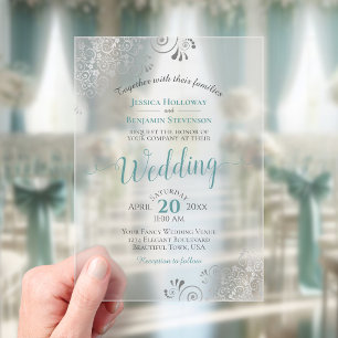Invitaciones Acrílicas Elegante Boda de Caligrafía Elegante Turquesa y Pl