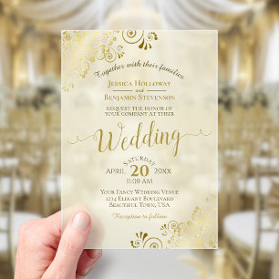 Invitaciones Acrílicas Elegante Boda de Caligrafía en Oro sobre Marfil Cr