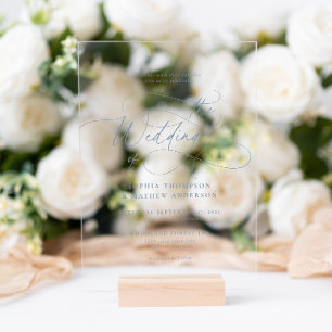 Invitaciones Acrílicas Elegante Boda de Caligrafía Floreada de Azul Polvo