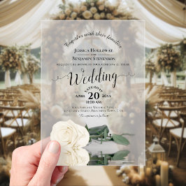 Invitaciones Acrílicas Elegante Boda de caligrafía marfileña rosa blanca