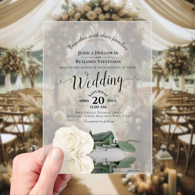 Invitaciones Acrílicas Elegante Boda de caligrafía marfileña rosa blanca (Frosted with Rectangle Cut)